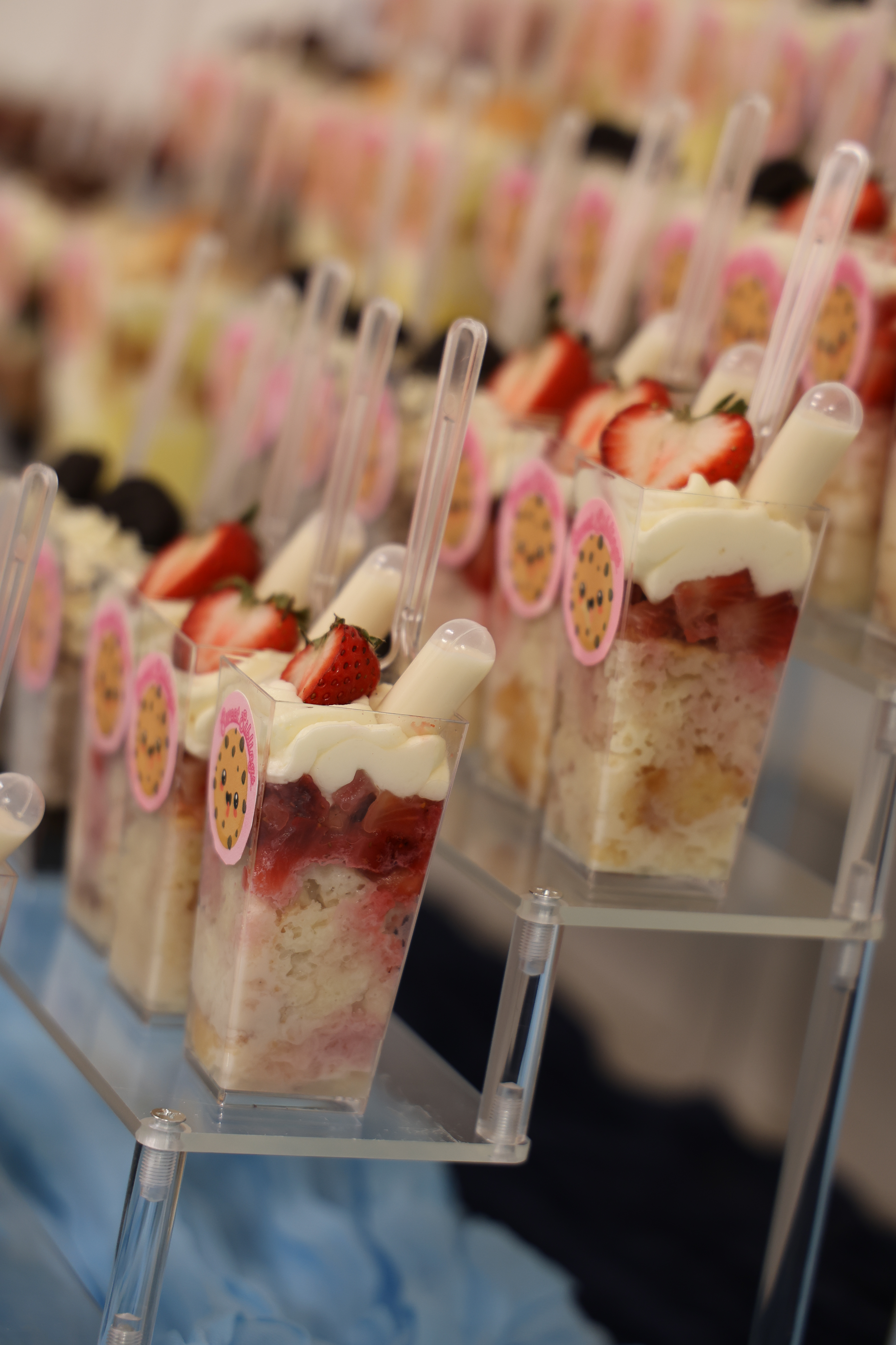 Rows of layered dessert cups